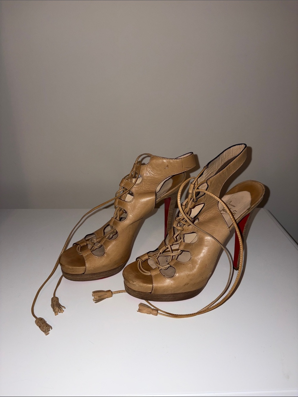 Christian Louboutin Tan Lace-Up Peep Toe Platform Heels “ Miss fortune”